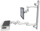 AccessMount™ Inverted Ultra 500 LCD mount on a 36" wall track with separate arms, a paralink keyboard tray w/ wrist rest bend, and an 11" arm and 20" double-arm