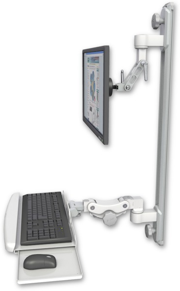 AccessMount™ Inverted Ultra 500 LCD mount on a 36" wall track with separate arms and a paralink keyboard tray w/ wrist rest bend