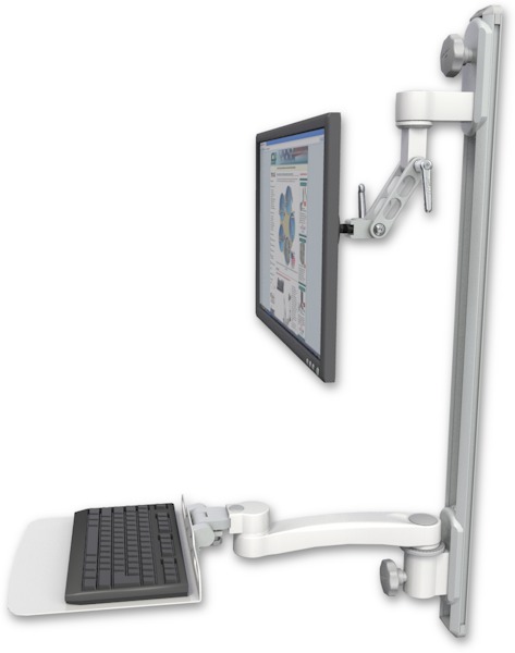 AccessMount™ Inverted Ultra 500 LCD mount on a 36" wall track with separate arms, a 12" flat keyboard tray, and an 11" arm