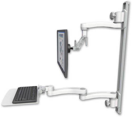 AccessMount™ Inverted Ultra 500 LCD mount on a 36" wall track with separate arms, a 12" flat keyboard tray, and an 11" arm and 20" double-arm