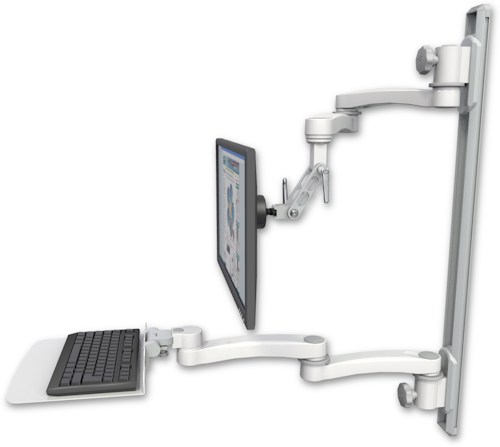 AccessMount™ Inverted Ultra 500 LCD mount on a 36" wall track with separate arms, a 12" flat keyboard tray, and two 20" double-arms