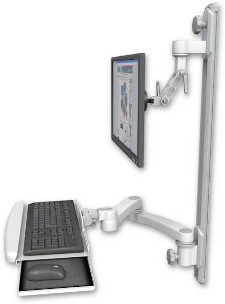 AccessMount™ Inverted Ultra 500 LCD mount on a 36" wall track with separate arms, a wrist-rest keyboard tray, and a 20" double-arm