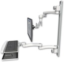 AccessMount™ Inverted Ultra 500 LCD mount on a 36" wall track with separate arms, a wrist-rest keyboard tray, and two 20" double-arms