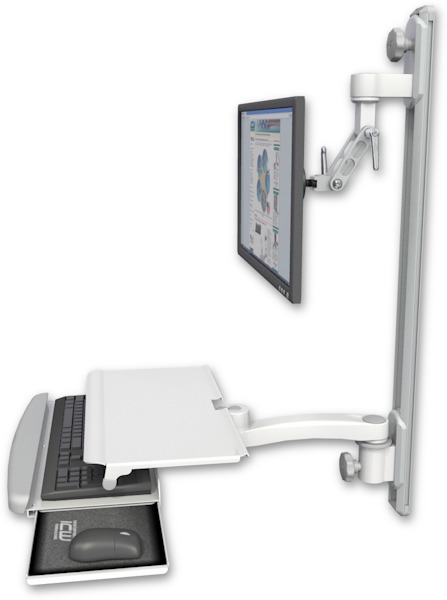 AccessMount™ Inverted Ultra 500 LCD mount on a 36" wall track with separate arms, a work surface tray and slide-out keyboard tray, and an 11" arm