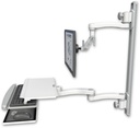 AccessMount™ Inverted Ultra 500 LCD mount on a 36" wall track with separate arms, a work surface tray and slide-out keyboard tray, and an 11" arm and 20" double-arm