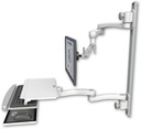 AccessMount™ Inverted Ultra 500 LCD mount on a 36" wall track with separate arms, a work surface tray and slide-out keyboard tray, and two 20" double-arms