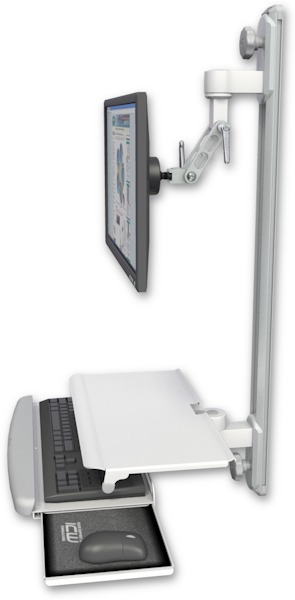 AccessMount™ Inverted Ultra 500 LCD mount on a 36" wall track with separate arms and a work surface tray and slide-out keyboard tray