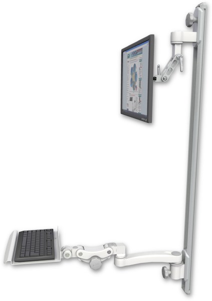 AccessMount™ Inverted Ultra 500 LCD mount on a 50" wall track with separate arms, a 12" paralink keyboard tray, and an 11" arm