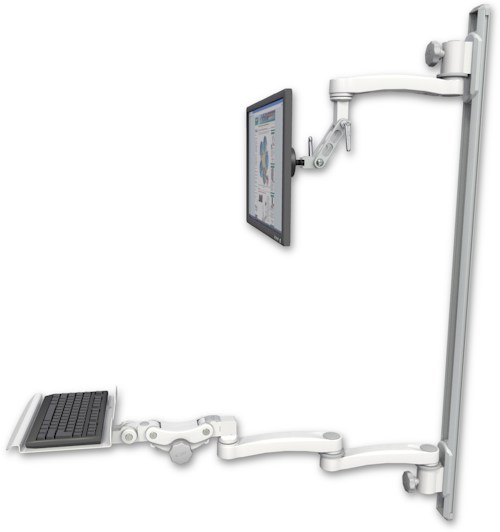 AccessMount™ Inverted Ultra 500 LCD mount on a 50" wall track with separate arms, a 12" paralink keyboard tray, and an 11" arm and 20" double-arm