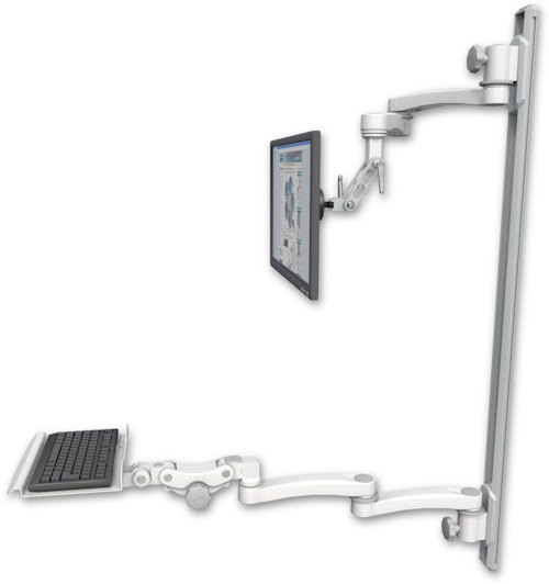 AccessMount™ Inverted Ultra 500 LCD mount on a 50" wall track with separate arms, a 12" paralink keyboard tray, and two 20" double-arms