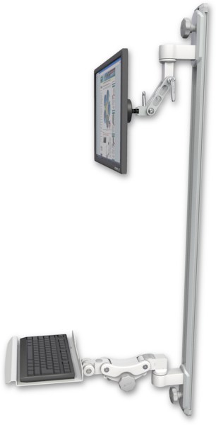 AccessMount™ Inverted Ultra 500 LCD mount on a 50" wall track with separate arms and a 12" paralink keyboard tray