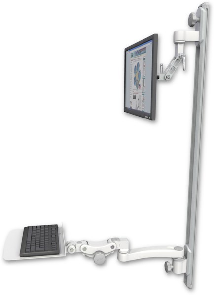 AccessMount™ Inverted Ultra 500 LCD mount on a 50" wall track with separate arms, a 12" flat paralink keyboard tray, and an 11" arm