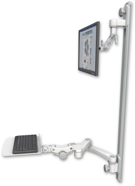 AccessMount™ Inverted Ultra 500 LCD mount on a 50" wall track with separate arms, a 12" flat paralink keyboard tray, and a 20" double-arm