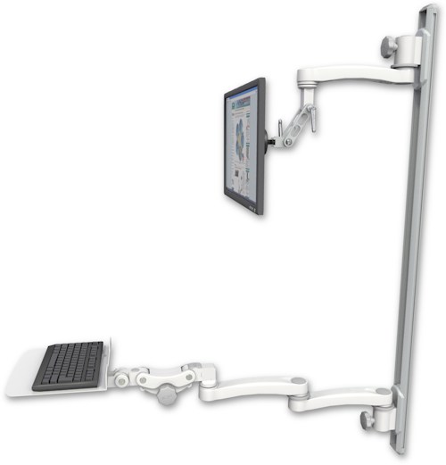 AccessMount™ Inverted Ultra 500 LCD mount on a 50" wall track with separate arms, a 12" flat paralink keyboard tray, and an 11" arm and 20" double-arm