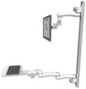 AccessMount™ Inverted Ultra 500 LCD mount on a 50" wall track with separate arms, a 12" flat paralink keyboard tray, and an 11" arm and 20" double-arm