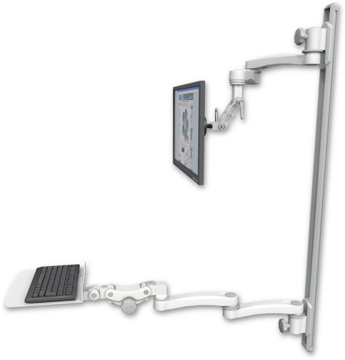 AccessMount™ Inverted Ultra 500 LCD mount on a 50" wall track with separate arms, a 12" flat paralink keyboard tray, and two 20" double-arms