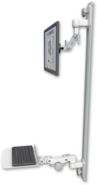 AccessMount™ Inverted Ultra 500 LCD mount on a 50" wall track with separate arms and a 12" flat paralink keyboard tray