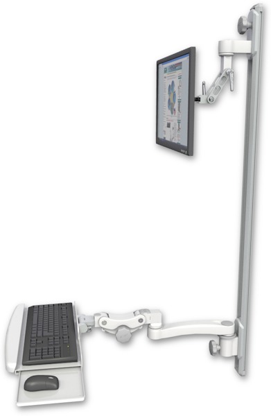 AccessMount™ Inverted Ultra 500 LCD mount on a 50" wall track with separate arms, a paralink keyboard tray w/ wrist rest bend, and an 11" arm