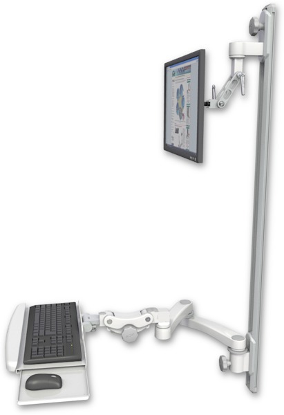 AccessMount™ Inverted Ultra 500 LCD mount on a 50" wall track with separate arms, a paralink keyboard tray w/ wrist rest bend, and a 20" double-arm