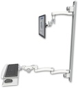 AccessMount™ Inverted Ultra 500 LCD mount on a 50" wall track with separate arms, a paralink keyboard tray w/ wrist rest bend, and an 11" arm and 20" double-arm