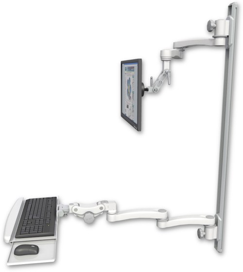 AccessMount™ Inverted Ultra 500 LCD mount on a 50" wall track with separate arms, a paralink keyboard tray w/ wrist rest bend, and two 20" double-arms