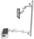 AccessMount™ Inverted Ultra 500 LCD mount on a 50" wall track with separate arms, a paralink keyboard tray w/ wrist rest bend, and two 20" double-arms