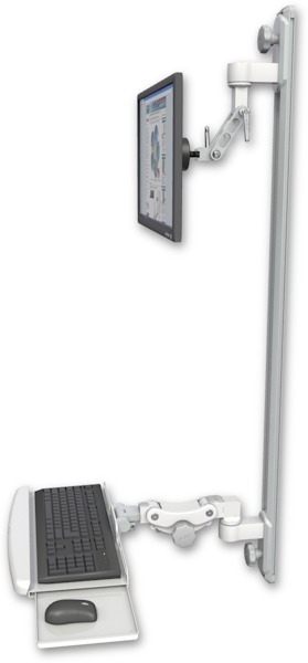 AccessMount™ Inverted Ultra 500 LCD mount on a 50" wall track with separate arms and a paralink keyboard tray w/ wrist rest bend