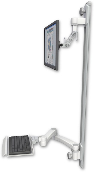 AccessMount™ Inverted Ultra 500 LCD mount on a 50" wall track with separate arms, a 12" keyboard tray, and a 20" double-arm