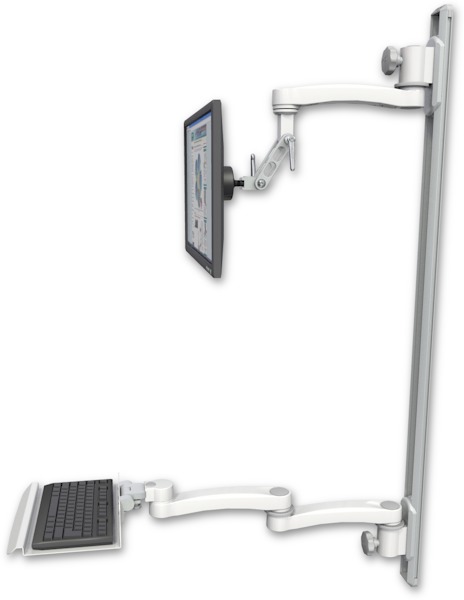 AccessMount™ Inverted Ultra 500 LCD mount on a 50" wall track with separate arms, a 12" keyboard tray, and an 11" arm and 20" double-arm