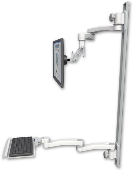 AccessMount™ Inverted Ultra 500 LCD mount on a 50" wall track with separate arms, a 12" keyboard tray, and two 20" double-arms