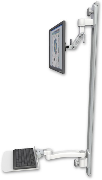 AccessMount™ Inverted Ultra 500 LCD mount on a 50" wall track with separate arms, a 12" flat keyboard tray, and an 11" arm