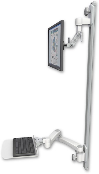 AccessMount™ Inverted Ultra 500 LCD mount on a 50" wall track with separate arms, a 12" flat keyboard tray, and a 20" double-arm