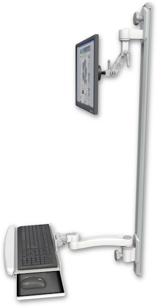 AccessMount™ Inverted Ultra 500 LCD mount on a 50" wall track with separate arms, a wrist-rest keyboard tray, and an 11" arm