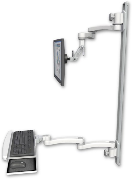 AccessMount™ Inverted Ultra 500 LCD mount on a 50" wall track with separate arms, a wrist-rest keyboard tray, and two 20" double-arms