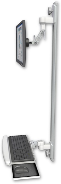 AccessMount™ Inverted Ultra 500 LCD mount on a 50" wall track with separate arms and a wrist-rest keyboard tray