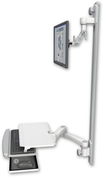 AccessMount™ Inverted Ultra 500 LCD mount on a 50" wall track with separate arms, a work surface tray and slide-out keyboard tray, and a 20" double-arm