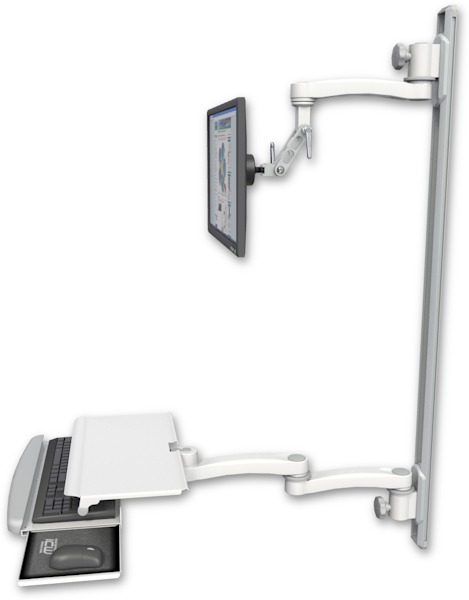 AccessMount™ Inverted Ultra 500 LCD mount on a 50" wall track with separate arms, a work surface tray and slide-out keyboard tray, and an 11" arm and 20" double-arm
