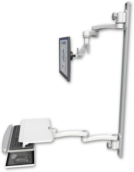 AccessMount™ Inverted Ultra 500 LCD mount on a 50" wall track with separate arms, a work surface tray and slide-out keyboard tray, and two 20" double-arms