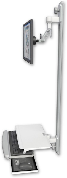 AccessMount™ Inverted Ultra 500 LCD mount on a 50" wall track with separate arms and a work surface tray and slide-out keyboard tray