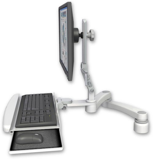 AccessMount™ Ultra 510 LCD desk mount with a 1" riser, a wrist-rest keyboard tray, and a 20" double-arm
