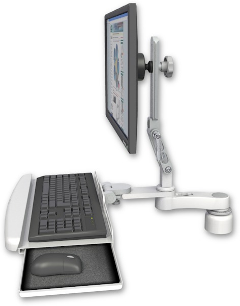 AccessMount™ Ultra 510 LCD desk mount with a 1" riser, a wrist-rest keyboard tray, and an 6" arm