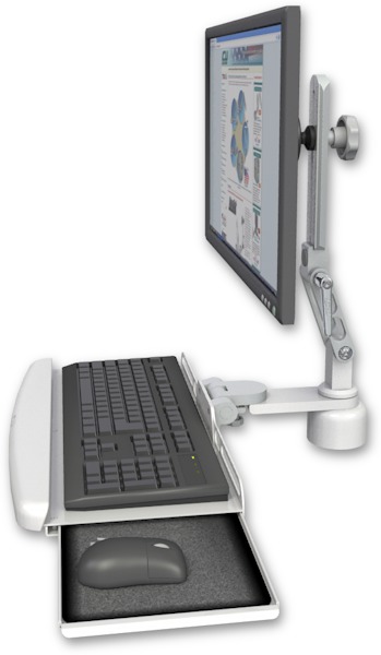 AccessMount™ Ultra 510 LCD desk mount with a 1" riser and a wrist-rest keyboard tray