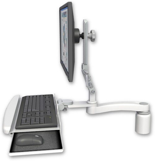 AccessMount™ Ultra 510 LCD desk mount with a 3" riser, a wrist-rest keyboard tray, and an 11" arm