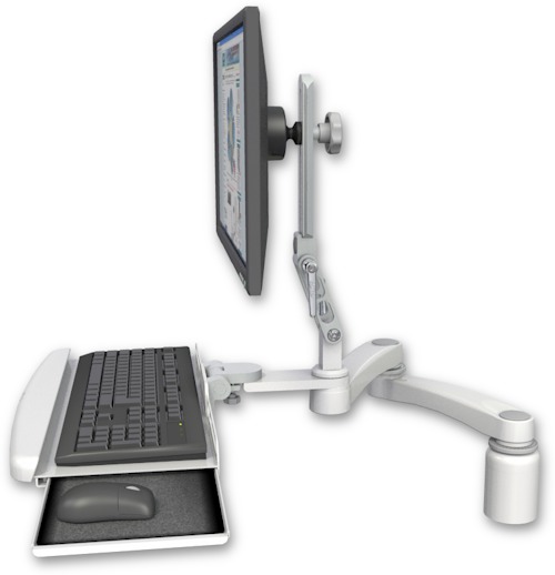 AccessMount™ Ultra 510 LCD desk mount with a 3" riser, a wrist-rest keyboard tray, and a 20" double-arm
