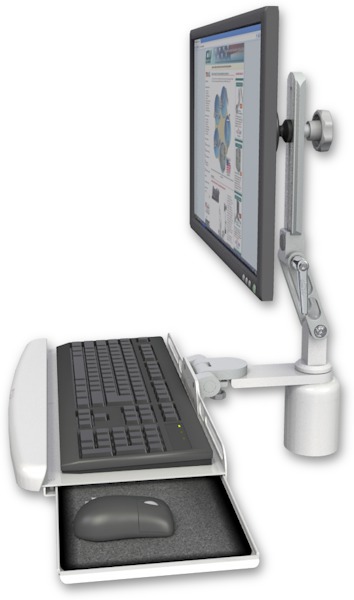 AccessMount™ Ultra 510 LCD desk mount with a 3" riser and a wrist-rest keyboard tray