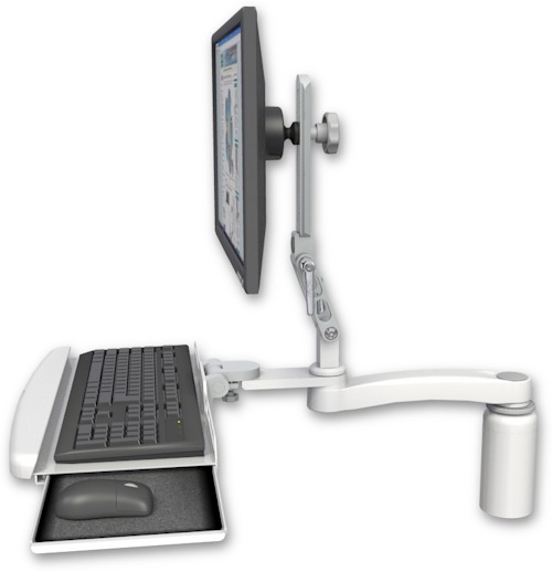 AccessMount™ Ultra 510 LCD desk mount with a 5" riser, a wrist-rest keyboard tray, and an 11" arm