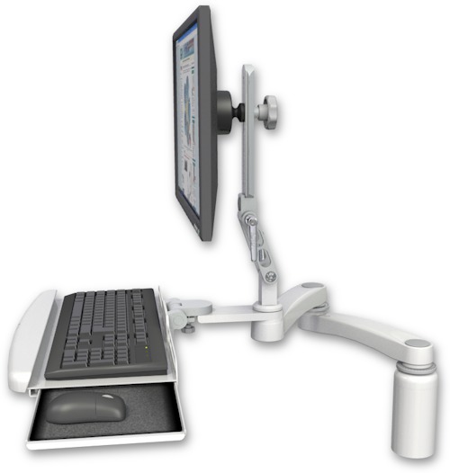 AccessMount™ Ultra 510 LCD desk mount with a 5" riser, a wrist-rest keyboard tray, and a 20" double-arm