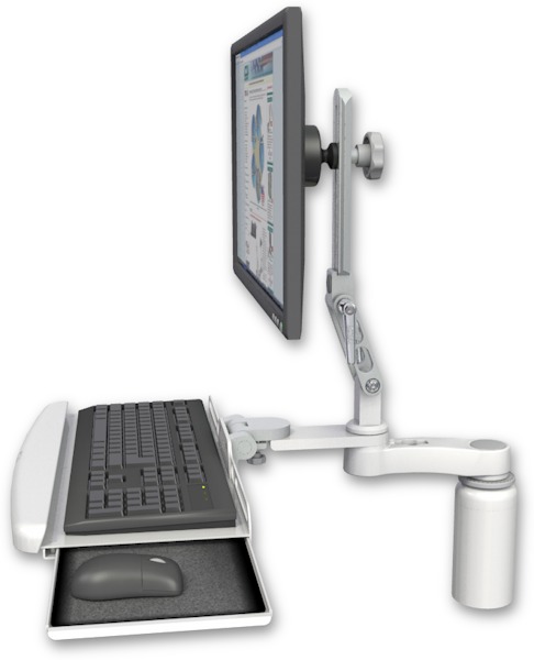 AccessMount™ Ultra 510 LCD desk mount with a 5" riser, a wrist-rest keyboard tray, and an 6" arm