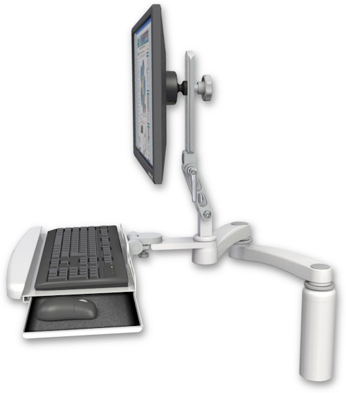 AccessMount™ Ultra 510 LCD desk mount with a 7.5" riser, a wrist-rest keyboard tray, and a 20" double-arm
