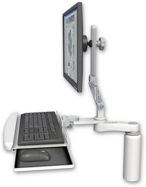 AccessMount™ Ultra 510 LCD desk mount with a 7.5" riser, a wrist-rest keyboard tray, and an 6" arm